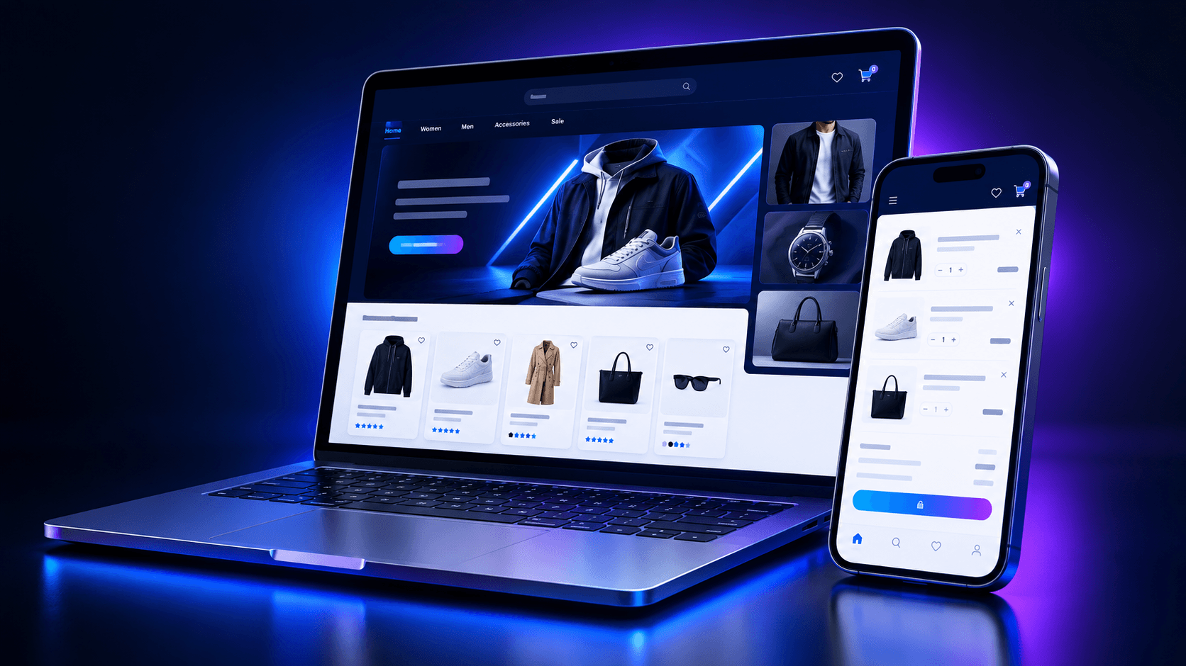 E-commerce store interface on laptop and mobile devices